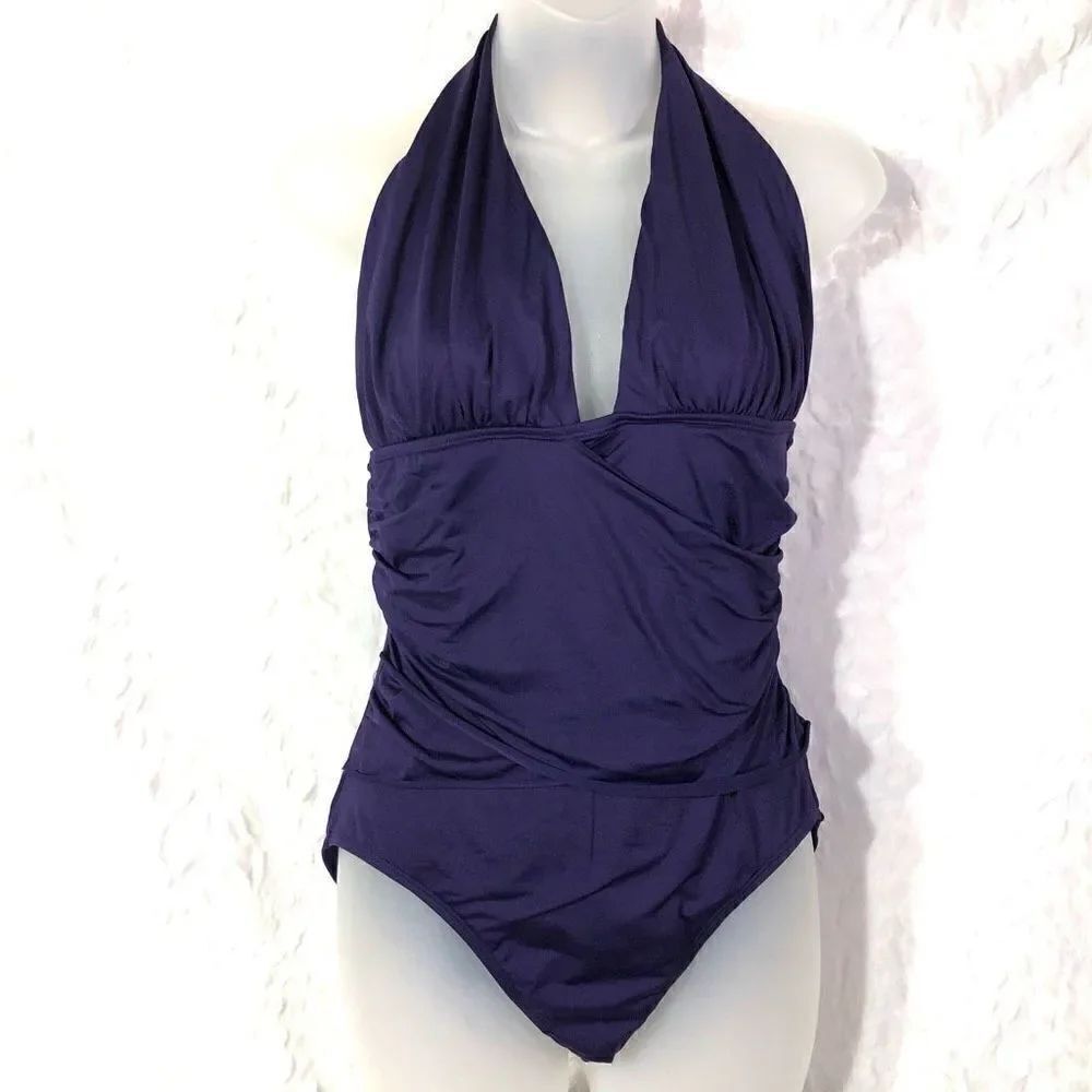 Gap halter swimsuit one piece wrap ruched low cut medium EUC purple